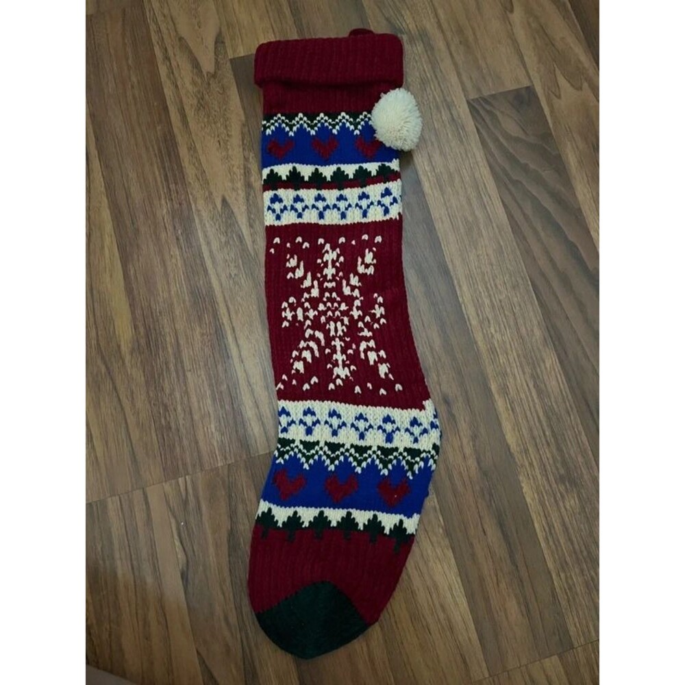 Vintage Knit Christmas Stocking with Snowflake Design